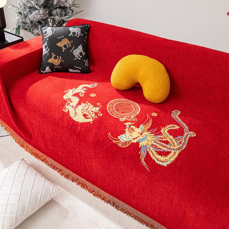 Red Festive Chenille Sofa Cover Cloth Wedding Four-season Universal Wedding Sofa Cover Simple Modern Cushion