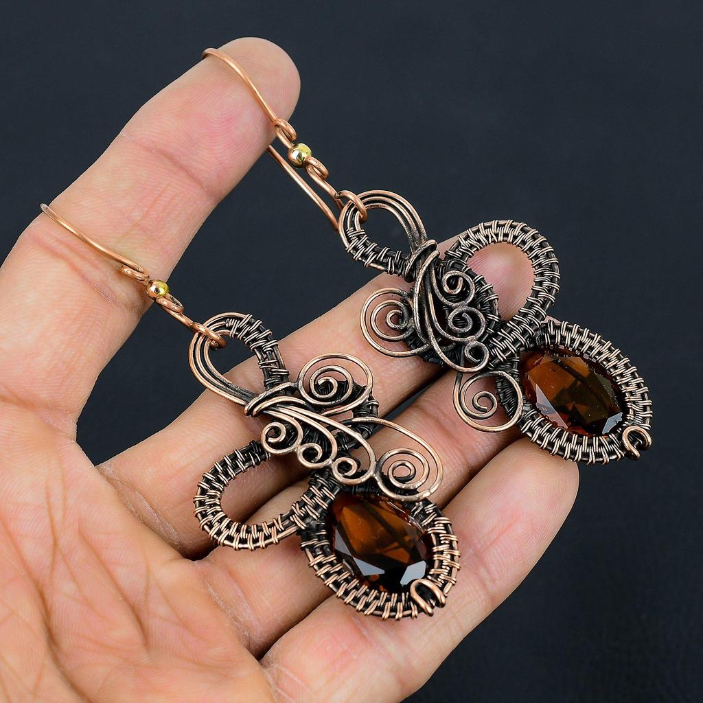 Citrine Earrings, 999 Copper Wire Wrapped Gemstone Jewelry, Handmade Earrings, For Thanksgiving