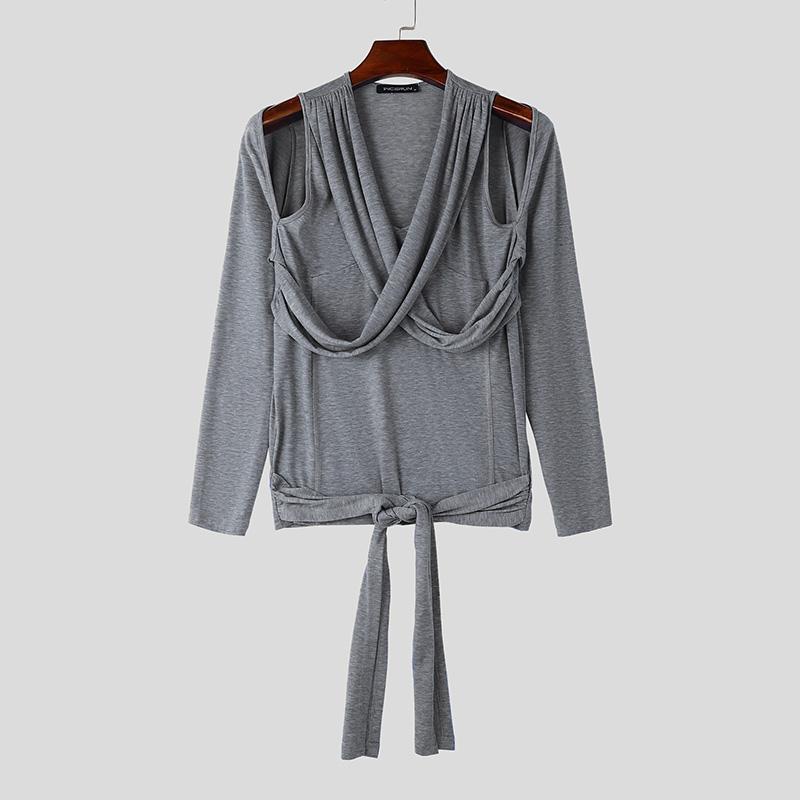 

INCERUN Мужские повседневные топы с вырезом и длинным рукавом, узкие спереди, с перекрещивающимися повязками L