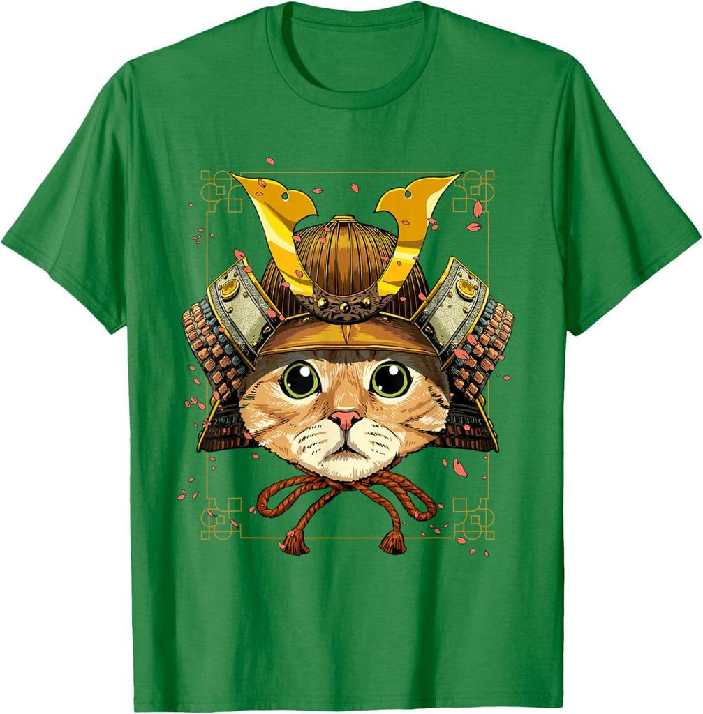 Samurai Cat Warrior Japanese Ronin Graphic Tee Breathable Casual Cotton T-Shirt for Men