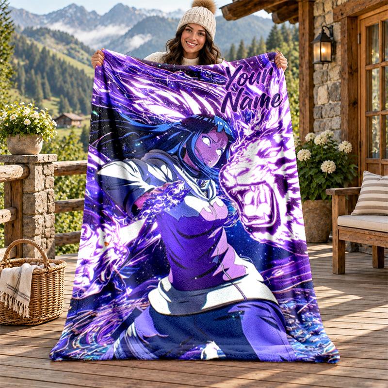 Hyuga Hinata Custom Name Flannel Blanket Personalized Soft Warm Plush Throw Blanket Customized Gift for Family Friends
