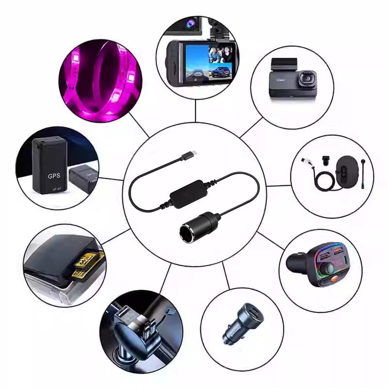 5V to 12V Type-C Car Cigarette Lighter Female Socket Charger for Dash Cam & Air Purifier.