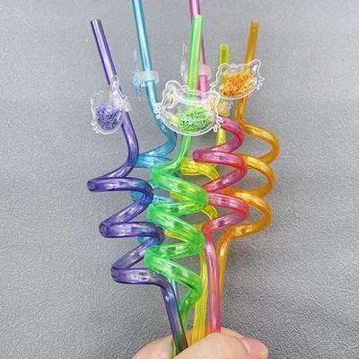 Yousheng 6Pcs Cartoon Animal Sequin Straws Cat Love Crown Rabbit Fruit Shaped Decorations Plastic Spiral Straws for Kids Party Supplies Decorations