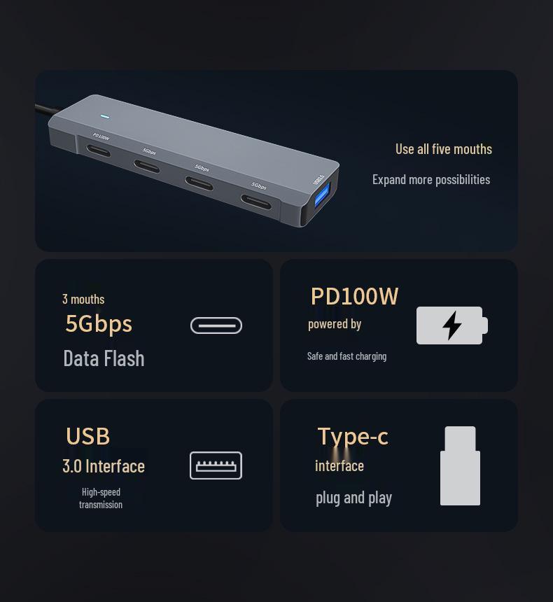 Type-C Five-in-One Hub: PD100W Fast Charging with USB3.0/Type-C Expansion.