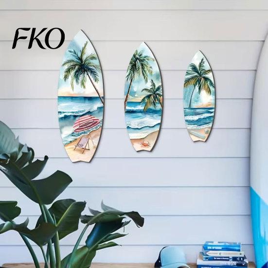 French Vintage Home Decor 3Pcs Wooden Surfboard Wall Art Decor, Natural Wood Hanging Sign, Sun-resistant Sculpture Lightweight Tropical Summer