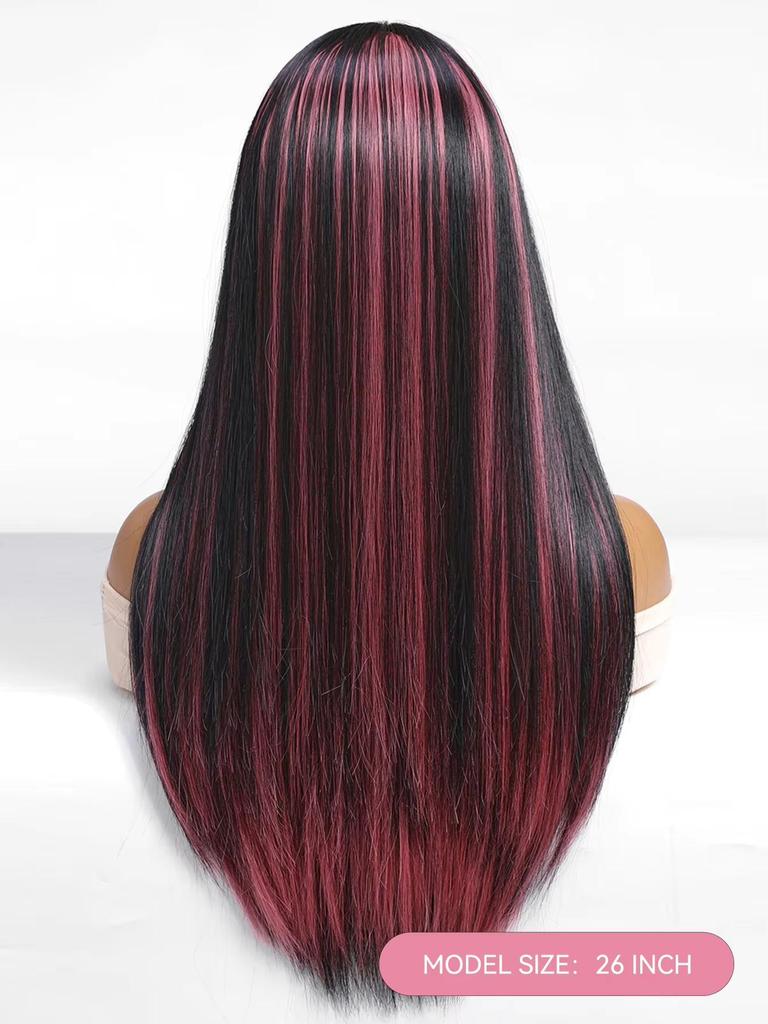 ALAN  EATON Brown Black Highlight Watermelon Red Synthetic Wig Long Straight Multicolor WIg with Bangs Hollywood Cosplay Wig For Women Party