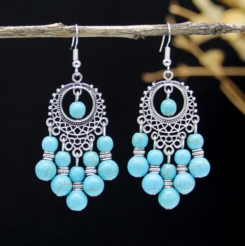 Bohemian Turquoise Fringed Earrings Women'S Versatile Retro Yunnan Ethnic Exotic Style Fashion Earrings Jewelry