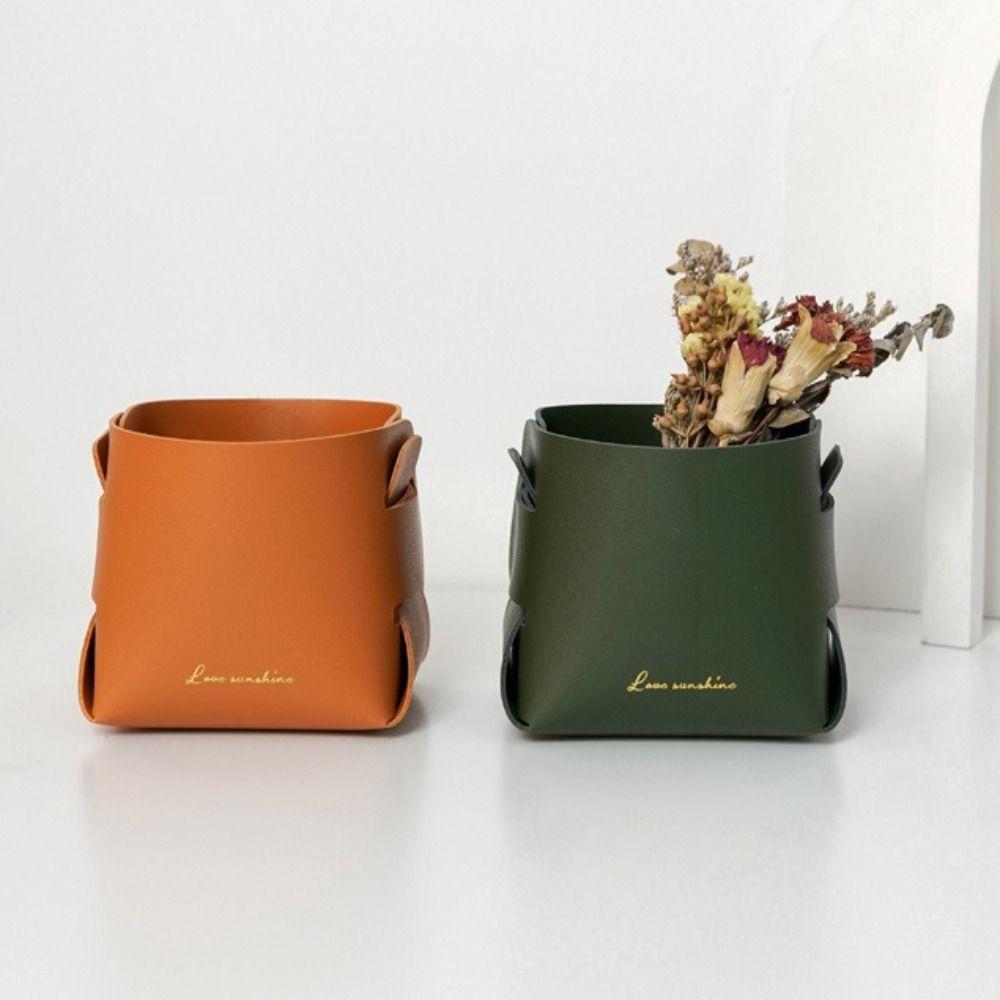 PU Material Leather Storage Box Folding Design Anti-Slip Base Desktop Storage Tray Solid Construction Multifunctional