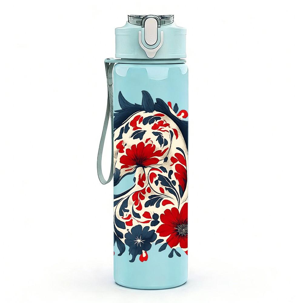 1PC Floral Pattern Horse Head 750ml Color Plastic Sports Water Bottle Leakproof Flip Straw Lid Suitable for Sports Office Home Use
