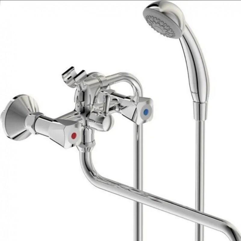 Wall-Mounted Bathtub Shower Faucet Set With Extended Hose Dual Handle Mixer Tap Modern Chrome Finish