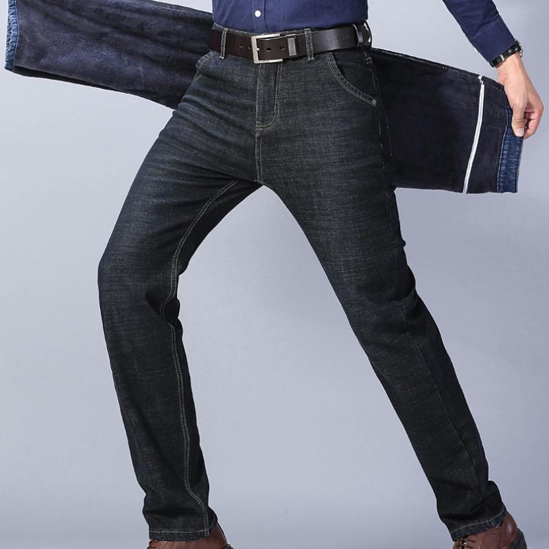 Elastic Autumn and Winter Models of Padded Thickened Jeans Men's Loose Straight Slim Warm with Velvet Casual Trousers