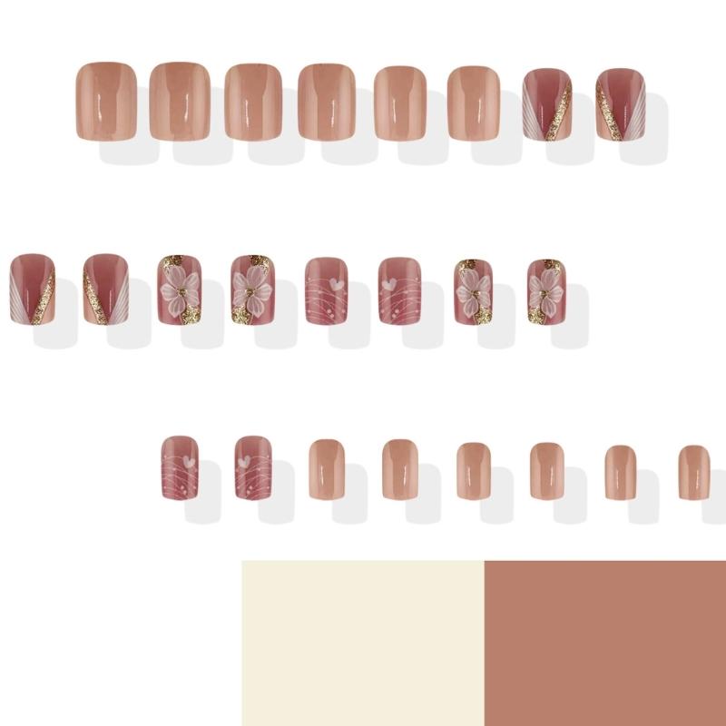 24Pcs Artificial Nail White Floral Heart Patterns Press On Nail Full Cover Acrylic Nail For Daily Wear And Special Event