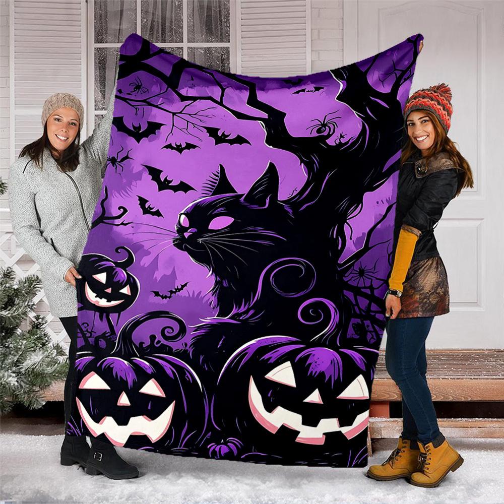 1pc Spooky Pumpkins Throw Blanket Polyester Fiber, Lightweight Flannel, Soft & Warm, All Season Use for Outdoor, Camping Digital Print