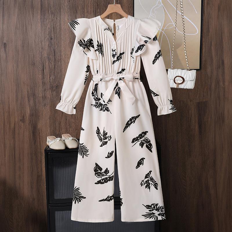 

Детская одежда Комбинезон для девочек Осень Новый Модный Элегантный С принтом Длинный рукав С поясом Цельный Брюки 12Y белый