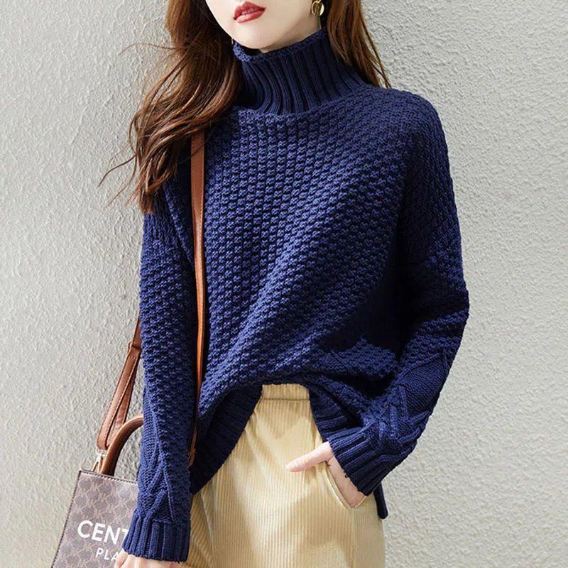 Autumn Winter Solid Color Pullover Long Sleeve  All-match Screw Thread Women's Clothing High-neckSweater Knitted Tops