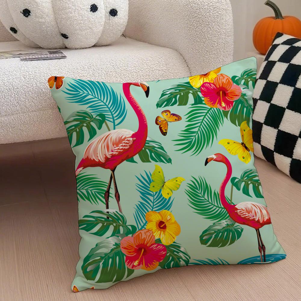 Forest Flamingo Palm Leaves Plant Pattern Art Cushion Cover Throw Pillow Cover Hidden Button Durable Polyester Chair Cushion