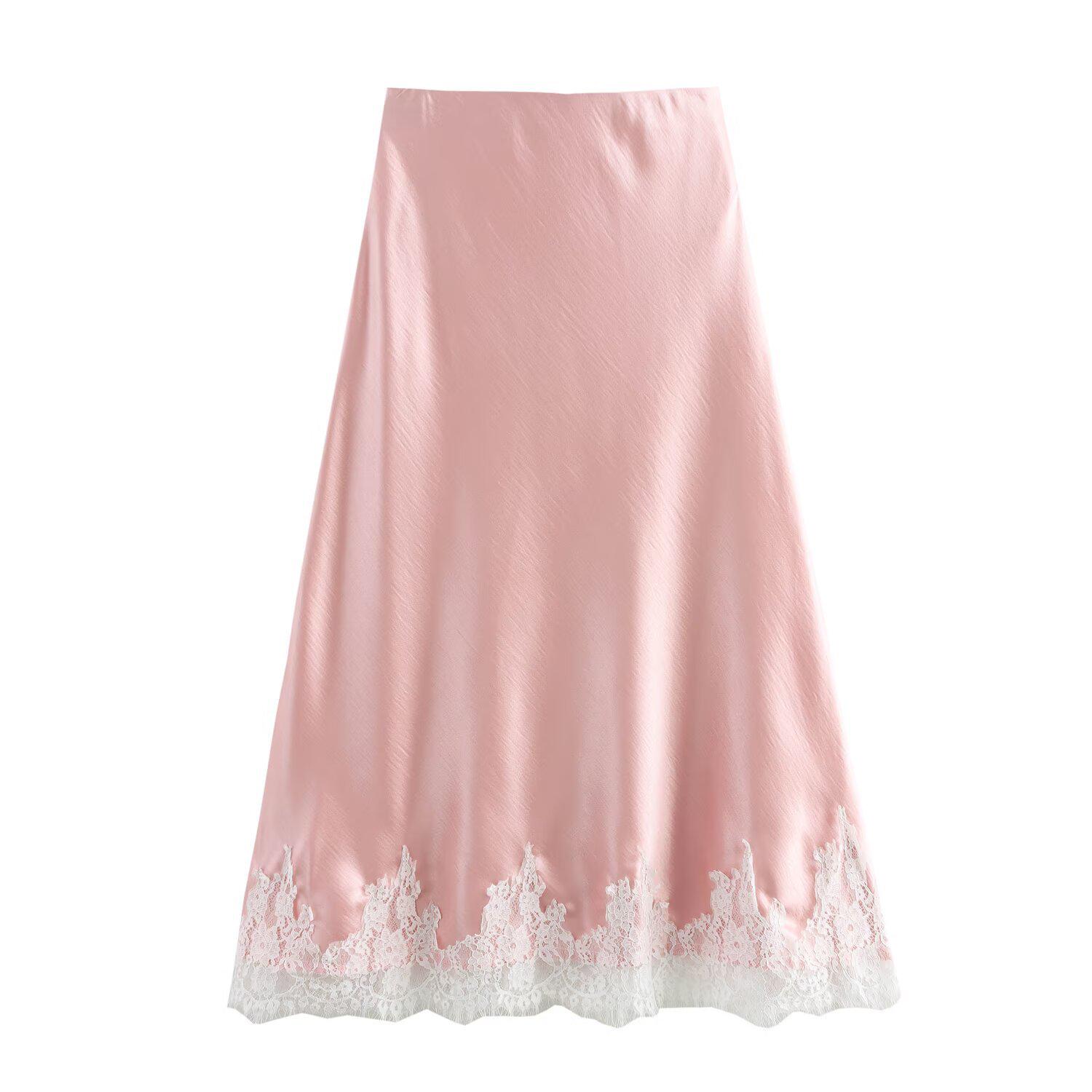 

Весна 2025 Женская юбка в европейском стиле из кружева и сатина на эластичной талии Medium розовый