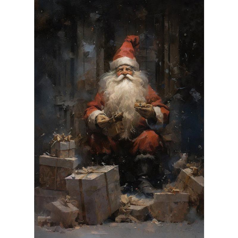 Winter Pine Forest Santa Claus Rustic Landscape Poster  Christmas Canvas Painting, Dark Academia, Antique Vintage Home  Decor