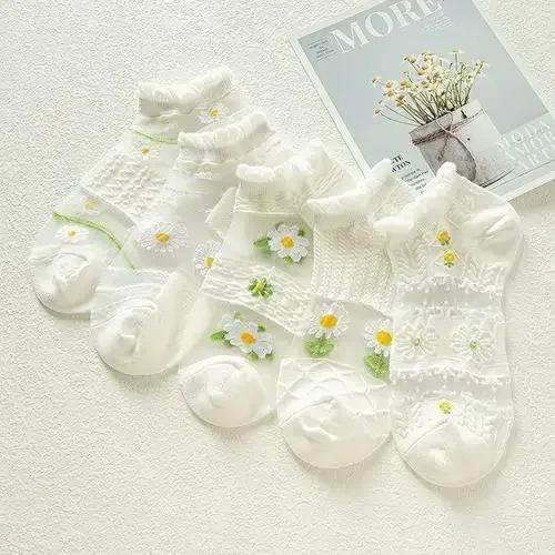 1/5 Pairs Summer Thin Section Short Women White Socks Low Tube Cool Socks Cute Print Ankle Foot Cover Fashion Transparent Sock