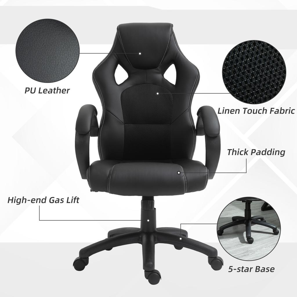 Office Chair Faux Leather Swivel Computer Desk Chair for Home Office with Wheels Armrests Black