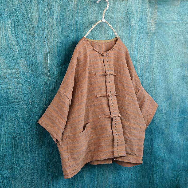 Johnature Women Shirts Chinese Style Button Tops O-Neck Short Sleeve Summer Blouses Vintage Pockets Shirts