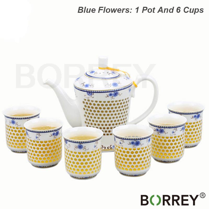 BORREY Ceramic Grain Porcelain Tea Set 1pot6Cups In Gift Box Ling Long Devil's Work Floral Kung Fu Teapot Puer Oolong Tea Kettle