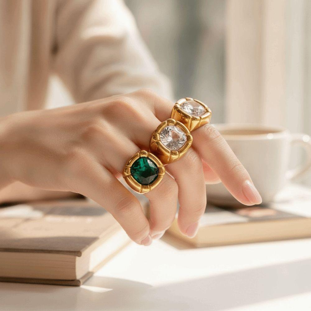 Colorful Zircon Zircon Rings Stainless Steel Finger Ring Elegant Gold Plated Rings  for Women