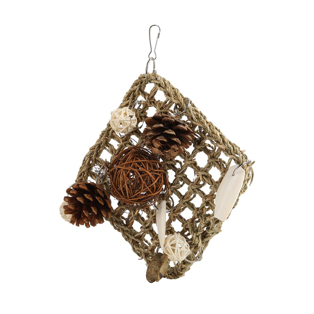 Parrot Climbing Mat Toy Seagrass Woven Bird Hammock Chewing Net with Cuttlefish Bone for Lovebird Cockatiel