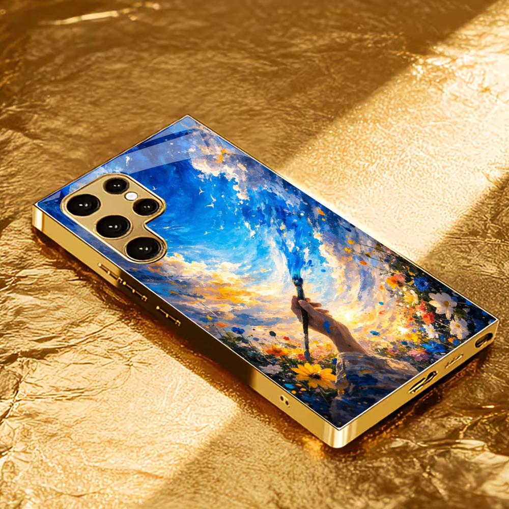 Painting Sky Protective Cover High-end Electroplating Glass PhoneCase for Samsung Galaxy S26 S25 S24 S23 S22 S21 FE,Ultra,Plus