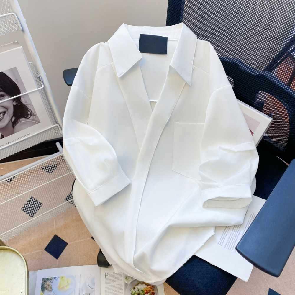 Women's Chic French White Short-Sleeve Shirt with Turn-Down Collar - Elegant Summer Design
