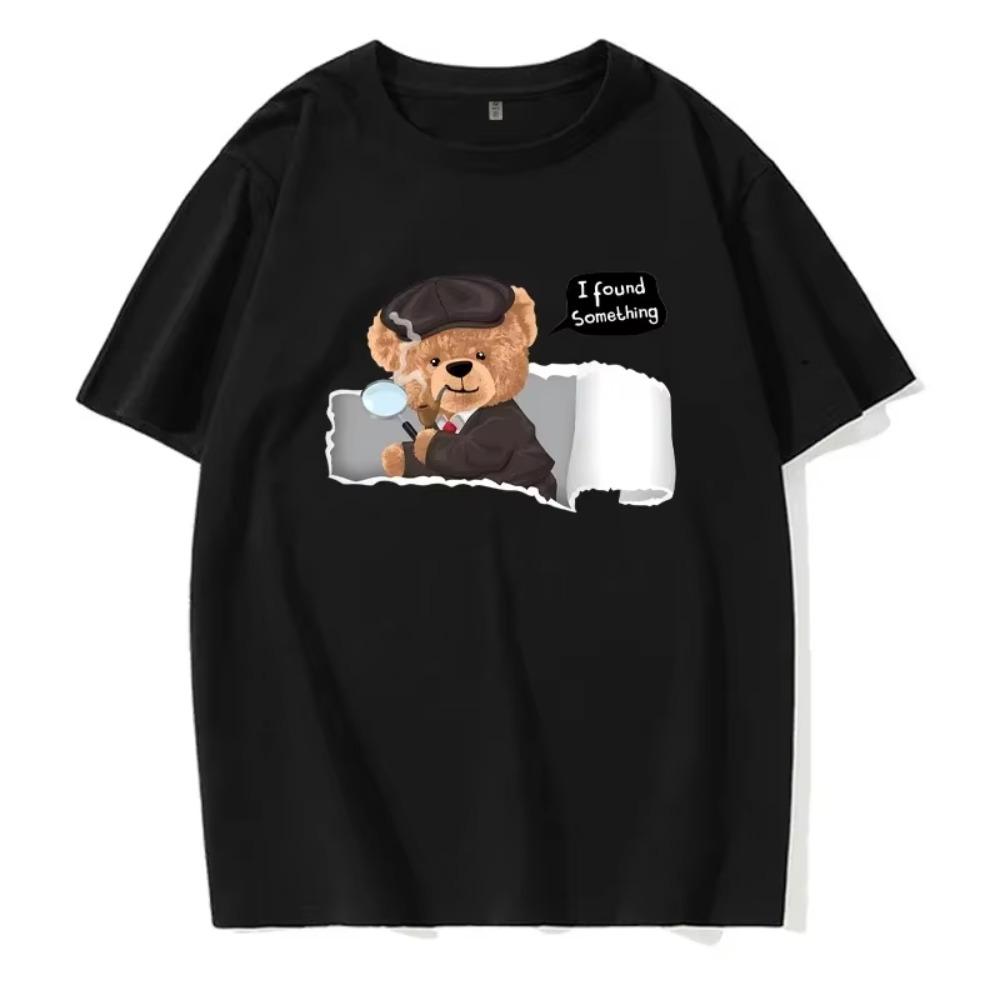 

Нейтральный стиль Летняя футболка с коротким рукавом и милым принтом «Мишка-детектив» в забавном модном повседневном стиле для мужчин и женщин XL чёрный