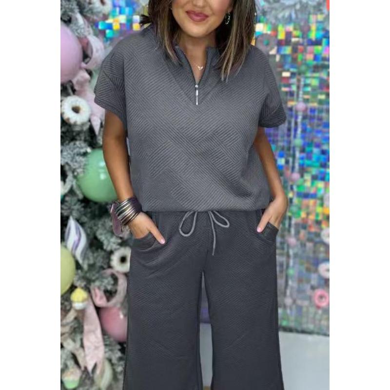 Women's Fashion Casual Summer Spring Solid Color Print Short Sleeve V-Neck Trousers Pants Suits