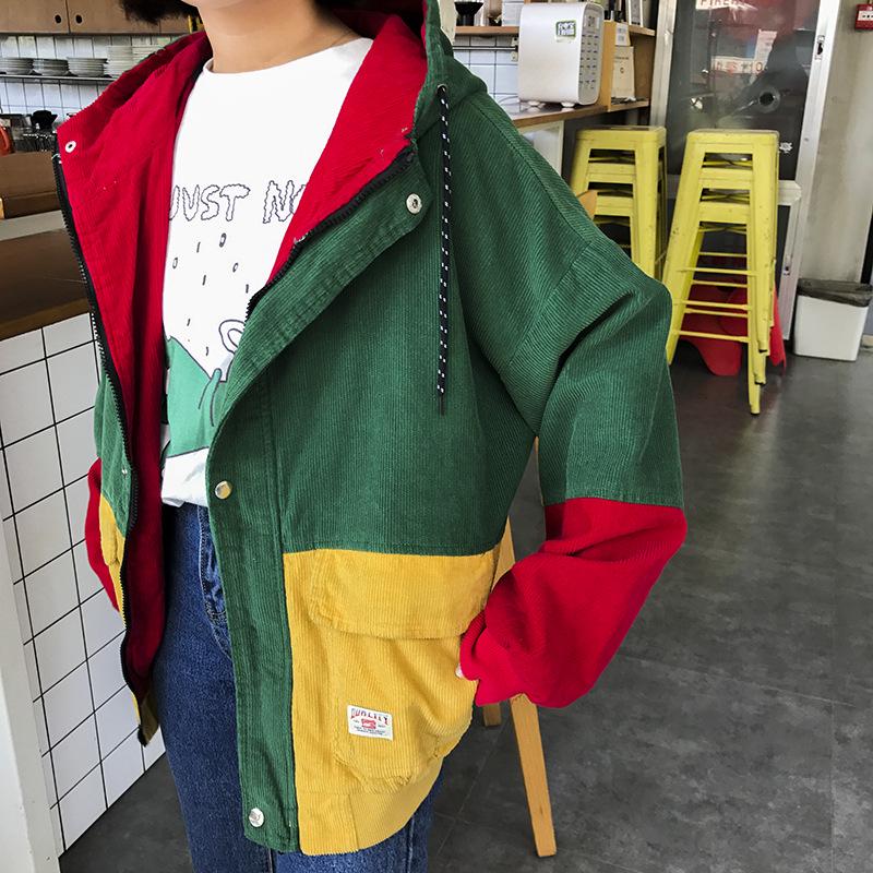 VANGULL Brand Women Hooded Corduroy Jacket  Patchwork Autumn Streetwear Outerwear Coat Windbreaker