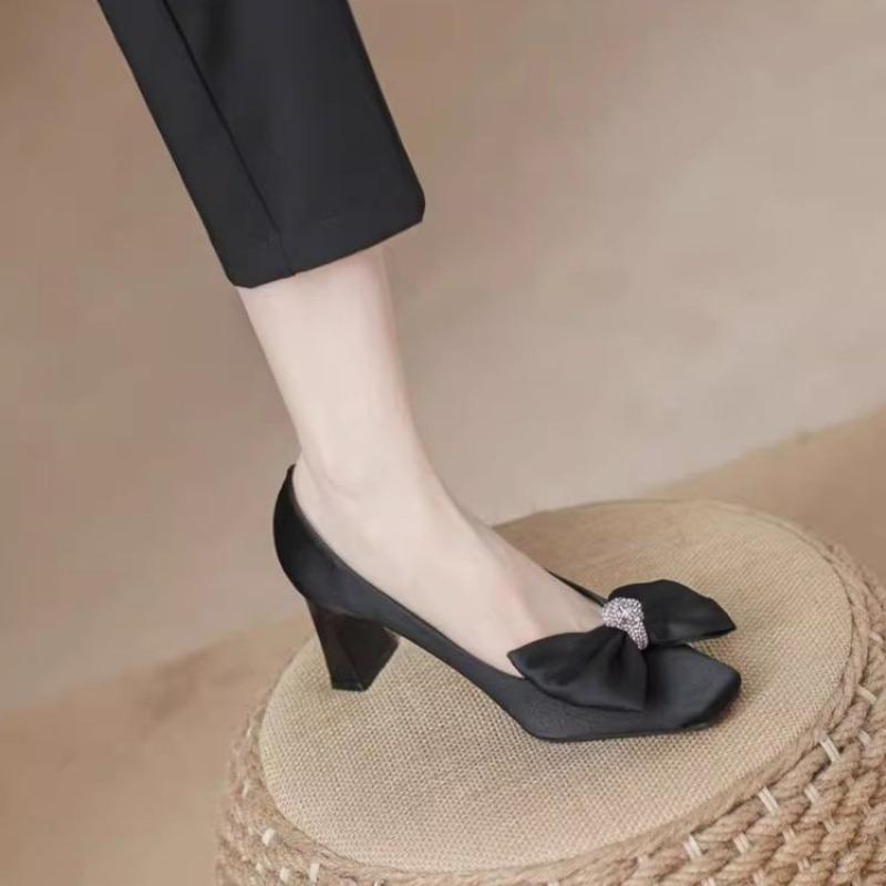 Bow black thick heel high heels women's autumn new temperament professional work satin single shoes