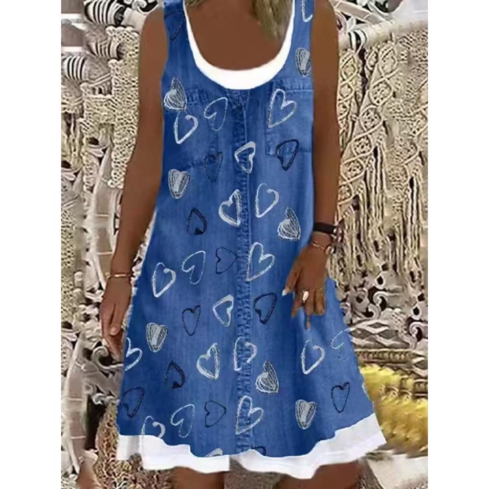 Nouvelle robe 2025 pour femme à impression numérique Fausse pièce deux pièces Imitation Jean Robe Décontractée Ample Col Rond Robe débardeur Femme Vestidos