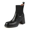 Genuine Leather Retro Round Toe Elastic BandThick-Soled High Heel 2025 New Black Short Boots Woman Chelsea Shoes Ankle Boots
