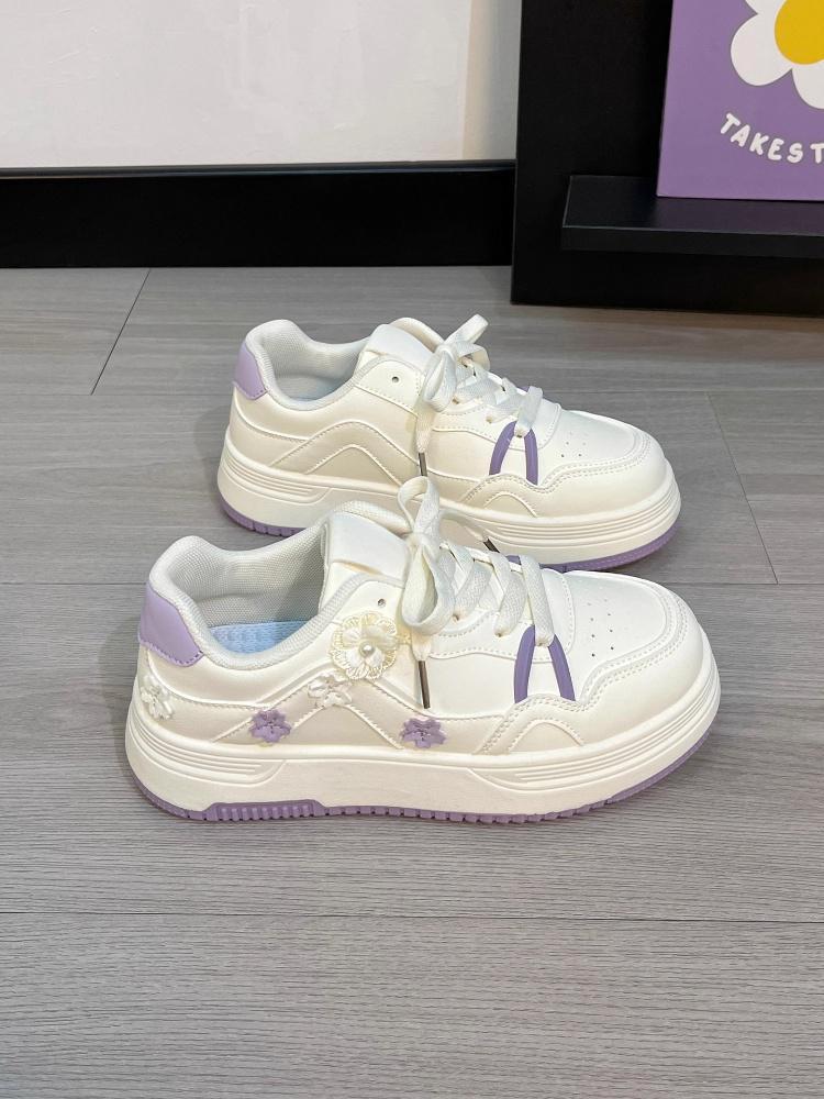 Koreanische Leinenschuhe für Mädchen - 2026 Blumenmuster, Dicke Sohle, Frühling/Herbst, Lässig Weiß