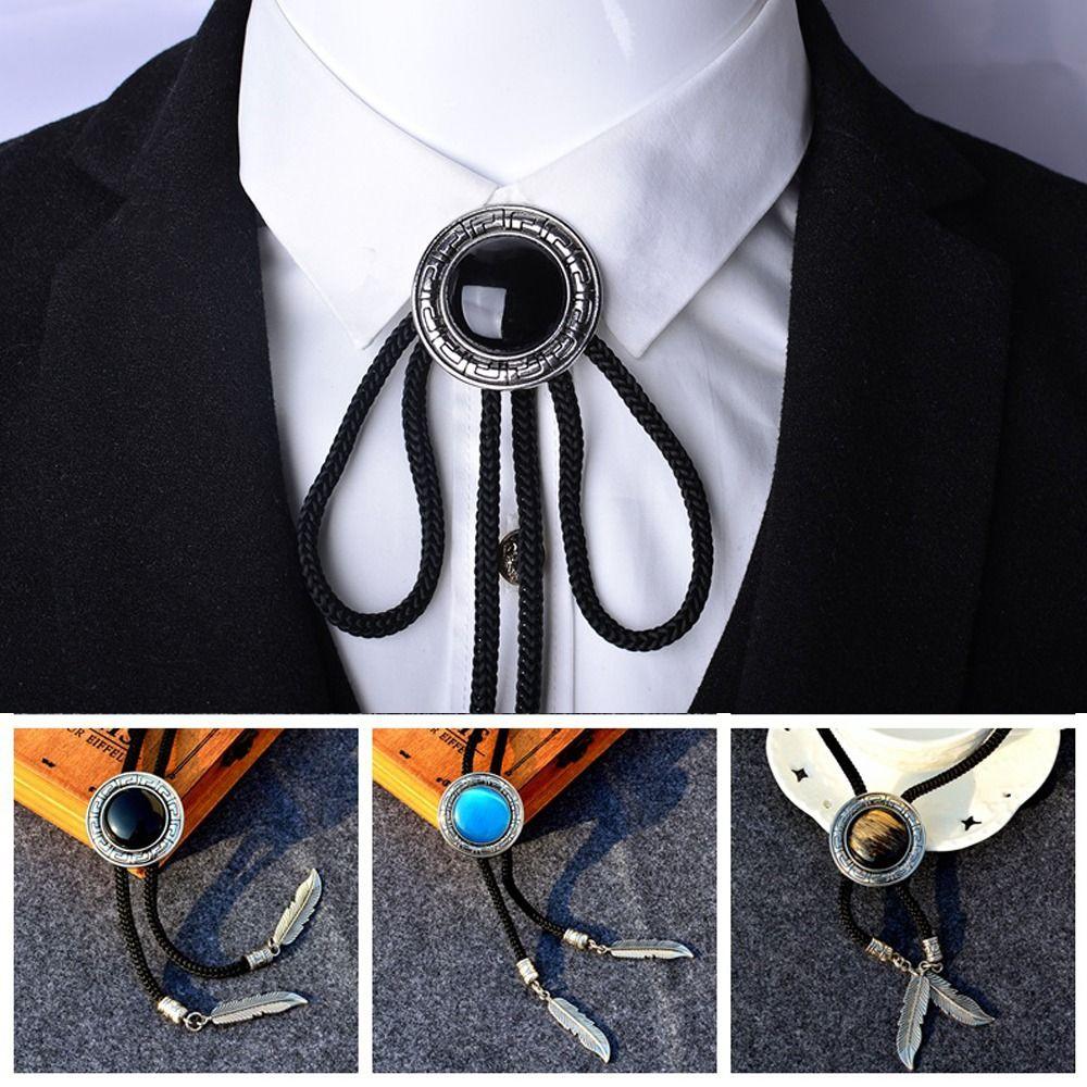Round Bolo Tie Western Cowboy Shirt Imitation Gem Pendant Vintage Star Necklaces For Men Women