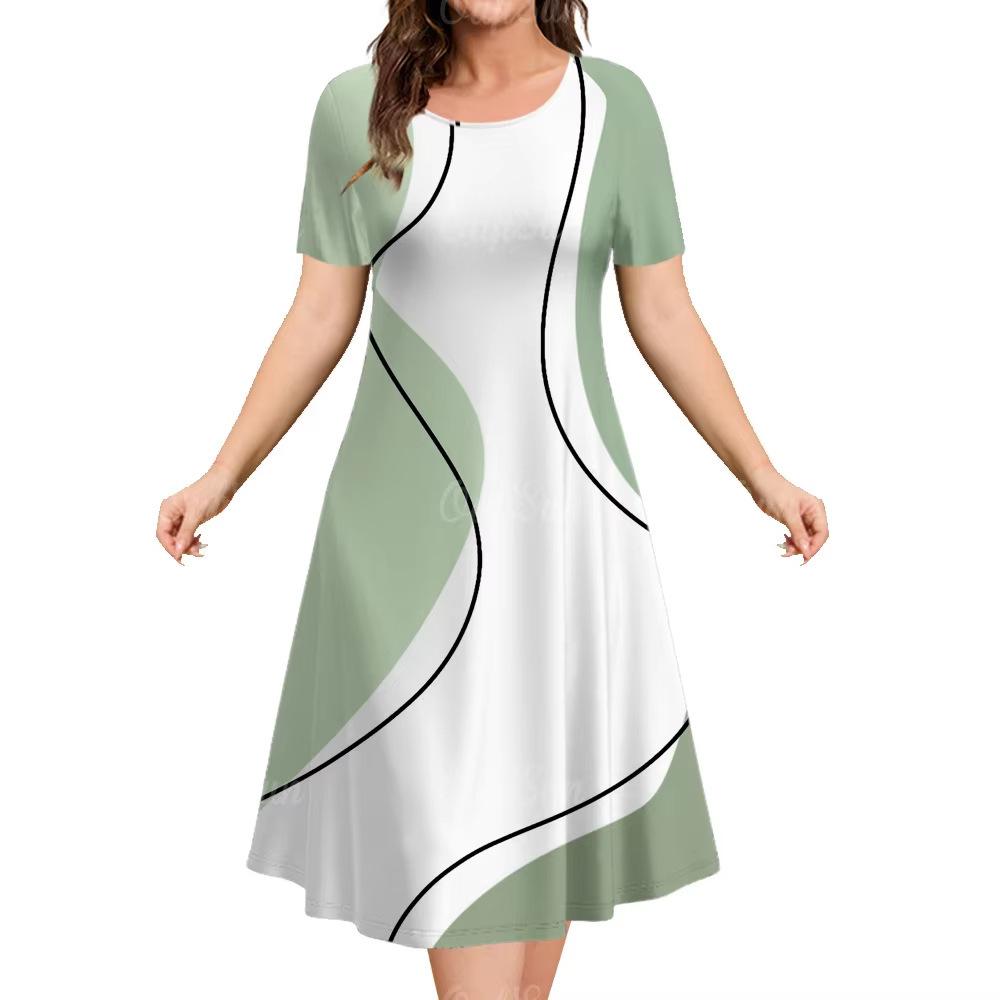 3D geometric stripe print elegant women s short-sleeved summer dress S