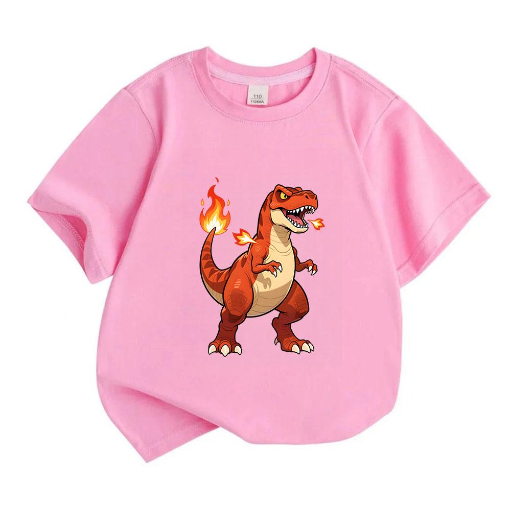 Kids Boys Girls Crew Neck Short Sleeve 100% Cotton T-Shirt, Cute Angry Fire Dinosaur Print Casual Tees for Children Daily Wear Summer Tops