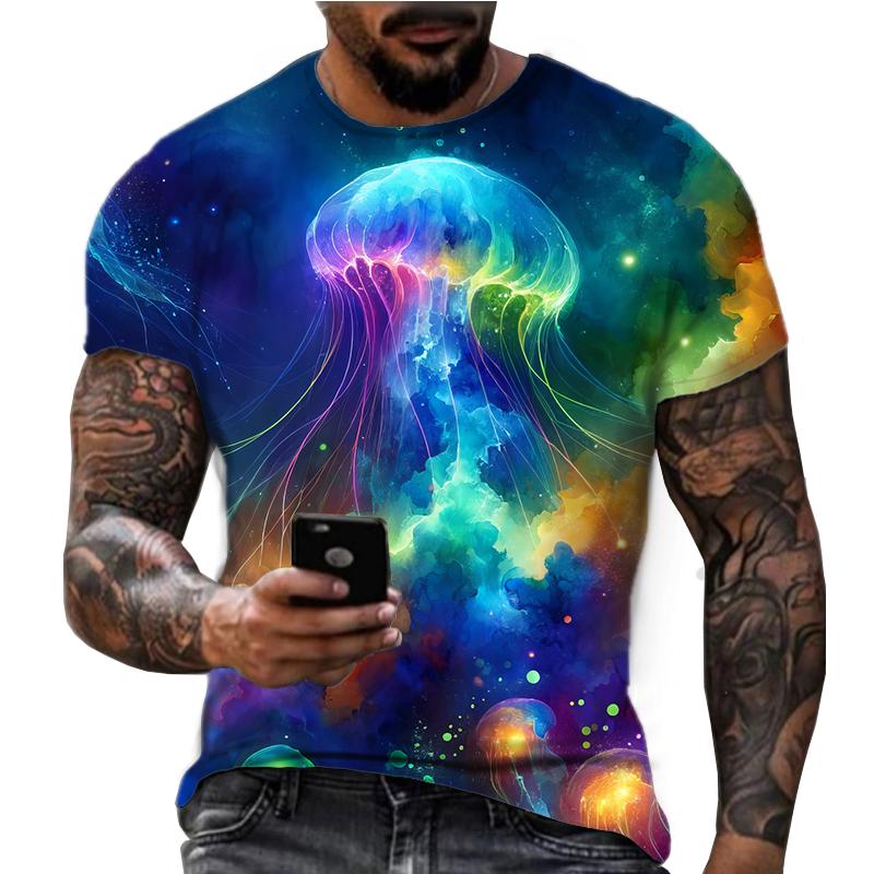 Summer Hot and Colorful Jellyfish Pattern 3D Printing American Casual Sports and Fitness Short Sleeved T-shirt
