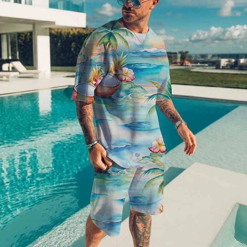 Men's Hawaiian Full Print Suit Casual T-shirt Beach Pants Suit