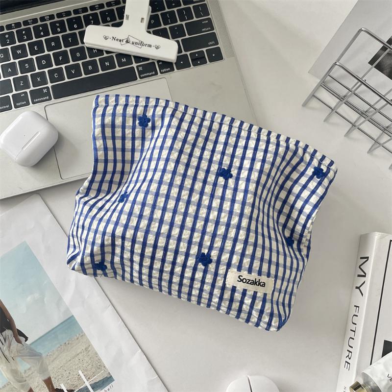 Fashion Fresh Striped Plaid Cosmetic Bag Korean Simple Bow Embroidered Makeup Bag Storage Bag Toiletry Storage Pouch