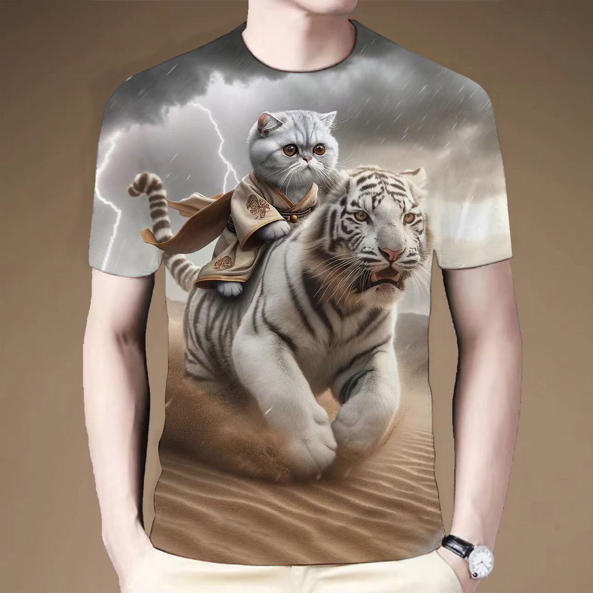 

2024 летняя новая 3D-печатная футболка с коротким рукавом и принтом «кот едет на тигре» для мужчин и женщин с круглым вырезом 6XL