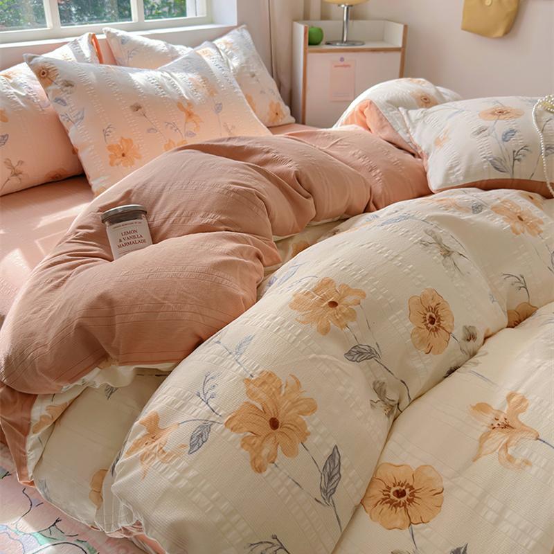 Floral Print French Style Bedding Set Bubble Cotton Duvet Cover Set Washed Cotton Flat Sheet Set Queen For Girl Decor Home