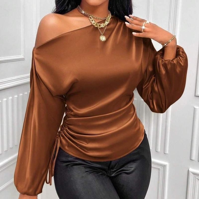 Fashion Elegant Skew Collar Loose Women's Shirts Spring and Summer Long Sleeve Lady Casual Blouses Tops Simple Asymmetric Shirt Female Clothing 26400