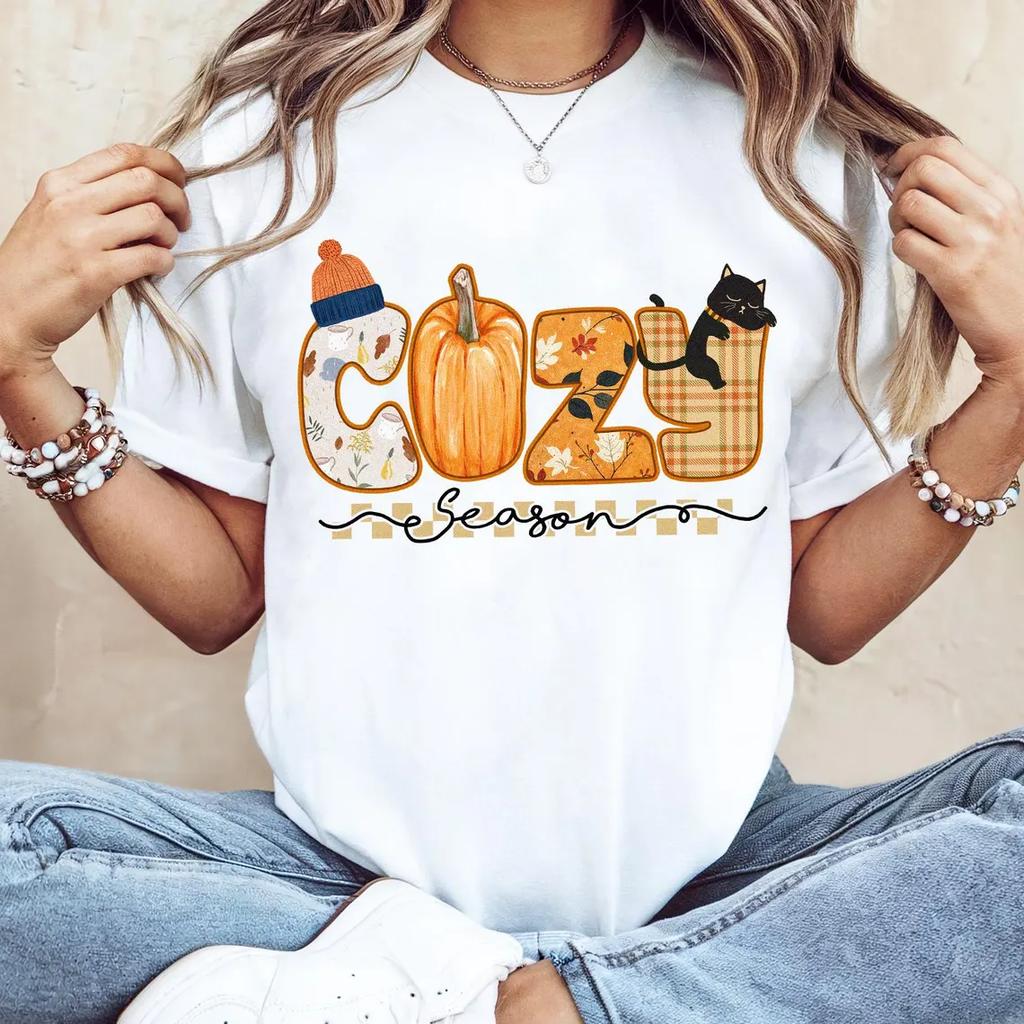 Cozy Season Shirt Books Lover Fall Gift Womens Pumpkin Season Shirt Cute Pumpkin Shirt Autumn Leaf Shirt