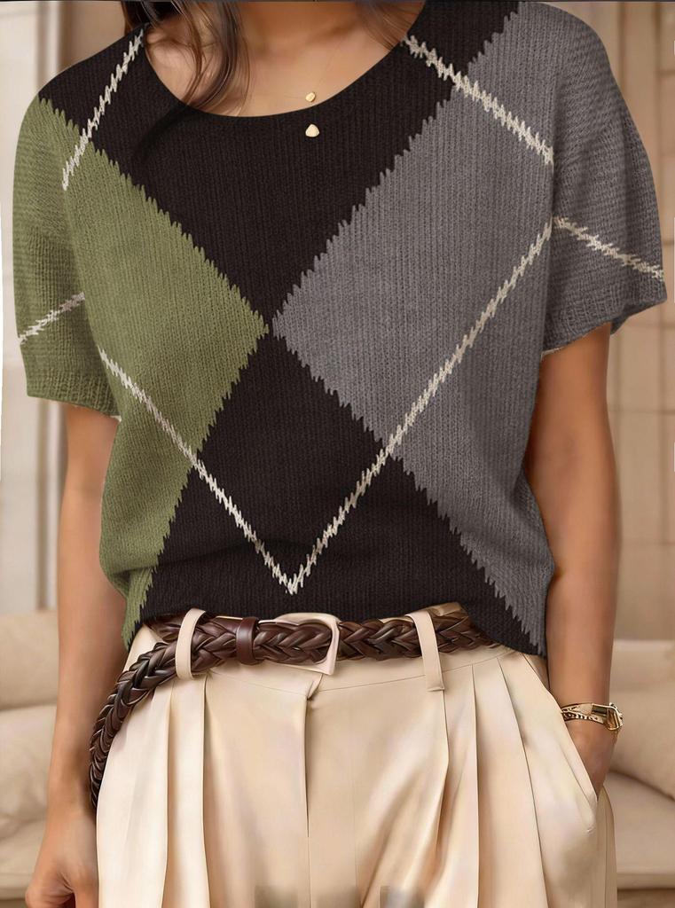 Top Maglione Girocollo a Maniche Corte Jacquard Color Block Retrò 2026