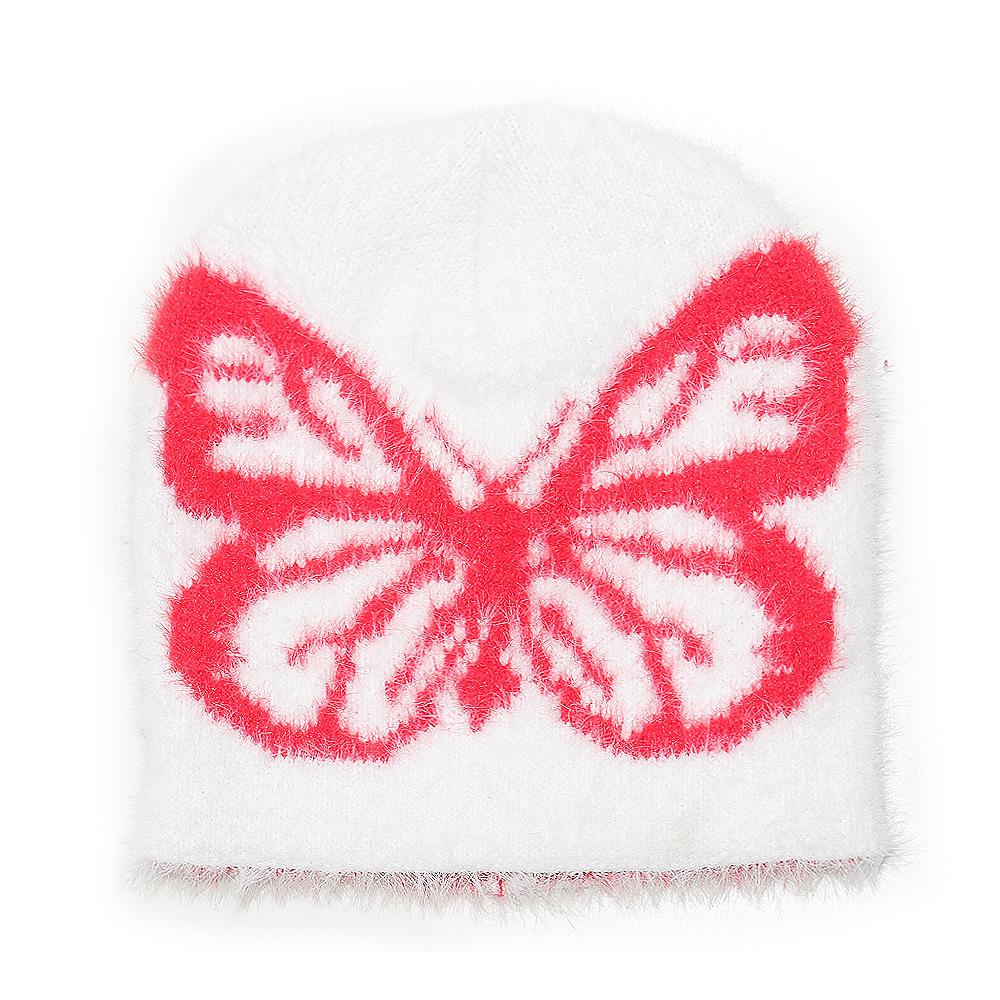 Herbst und Winter Damen Strickwollmütze kältebeständig und warm Skimütze Schmetterlingsjacquard Imitation Nerzfell Pullovermütze Damen