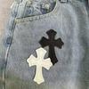 9910 CHROME HEARTS Men's and Women's American Style Trendy Jeans with Fabric Patches, Holes, Embroidery, Casual and Fashionable High Street Pants